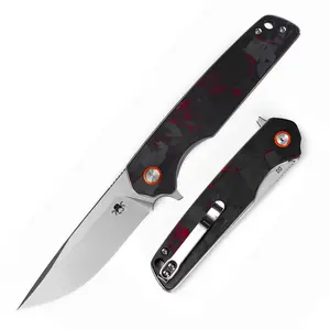 KLAKEN J354-WARPATH, D2 Stonewashed Blade With Red Carbon + G10 Handle EDC Pocket Folding Knife