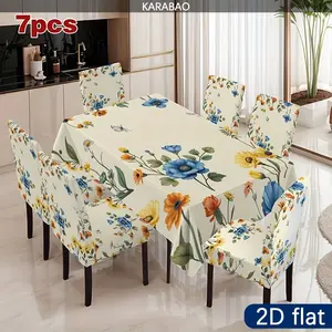 2D Flat, 5/7pcs, Rectangle Tablecloth Set, 5/7pcs Plant Tulip & Daisy Floral Design, Elastic Dining Protection Cover, Easy Care Fabric for All Seasons