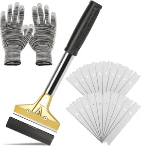 Razor Blade Scraper Tool 4-Inch Floor Scraper with 20PCS Extra Metal Blades & Safety Gloves High-Carbon Steel Alloy for Stove Top Windows Glass Tiles