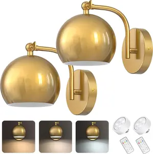 New Wall Sconces Battery Operated, Gold Wall Sconces Battery Operated, Not Hardwired Dimmable, Battery Wall Sconce Wireless Wall Lamp/Light for Bedroom, LED Bulb Included, Set of 2