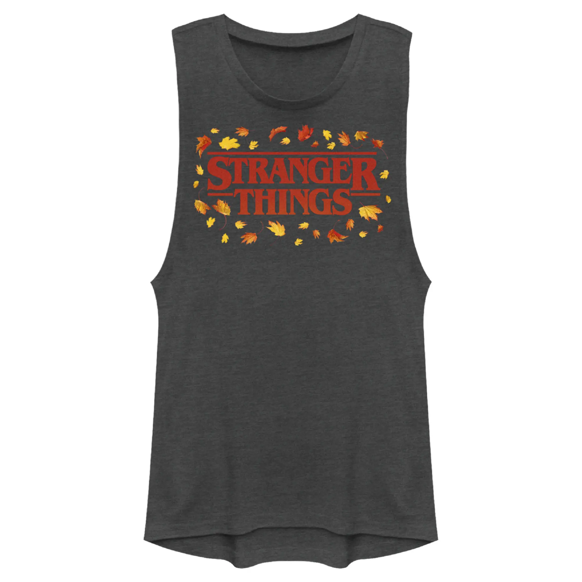Juniors Womens Stranger Things Autumn Logo Festival Muscle Tee