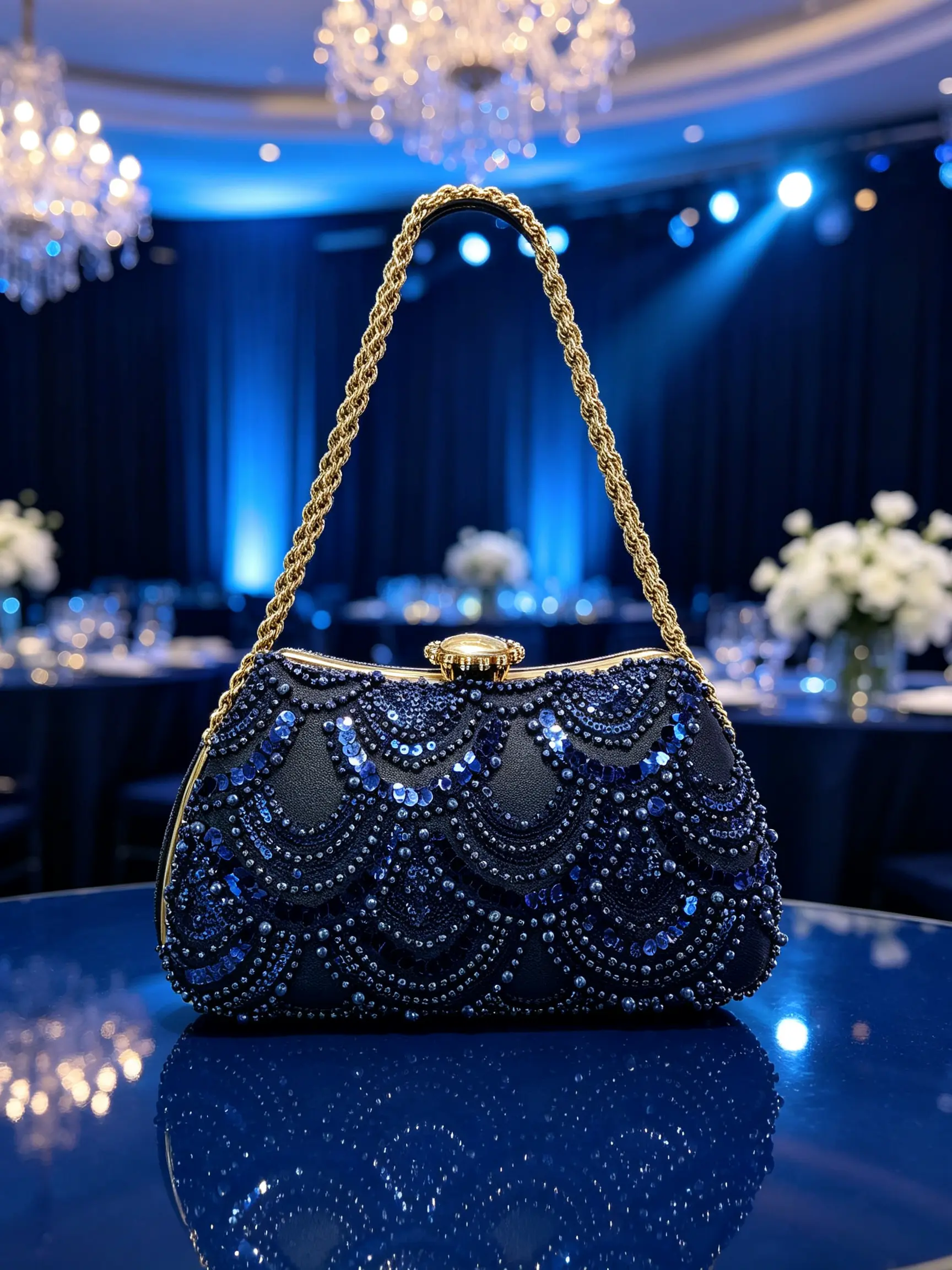 (A66)Navy Blue Sequin Beaded Gold Chain Evening Handbag