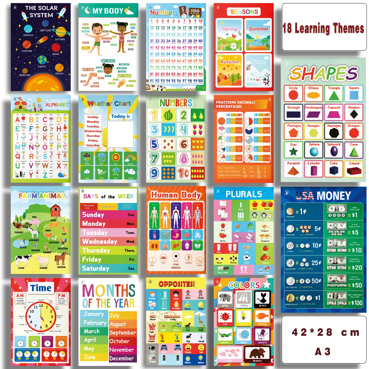 18 Learning Themes A3 Educational Posters Solar System My Body Seasons Shapes Alphabet Weather Chart Numbers Fractions Plurals USA Money Time Months Opposites Colors 42x28 cm