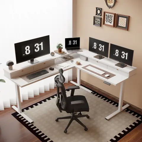 【SummerVibes】FLEXISPOT L-Shape Height Adjustable Standing Desk - Home Office Furniture, 63x55 Size, 4-Drawer Tidy Store, USB Charger, Monitor Shelf, Adjustable Weight Capacity, Anti-Collision Sensors, Child Lock, Height Support Desks & Workstations