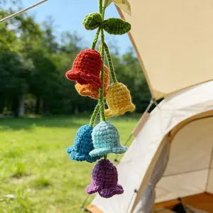 Handmade Rainbow Bell Charm Car Rearview Mirror Ornament, Cute Knitted Lily Home Decor, Bohemian Style Girl Car Interior Gift, Car Hanging Decoration, Car Decorations