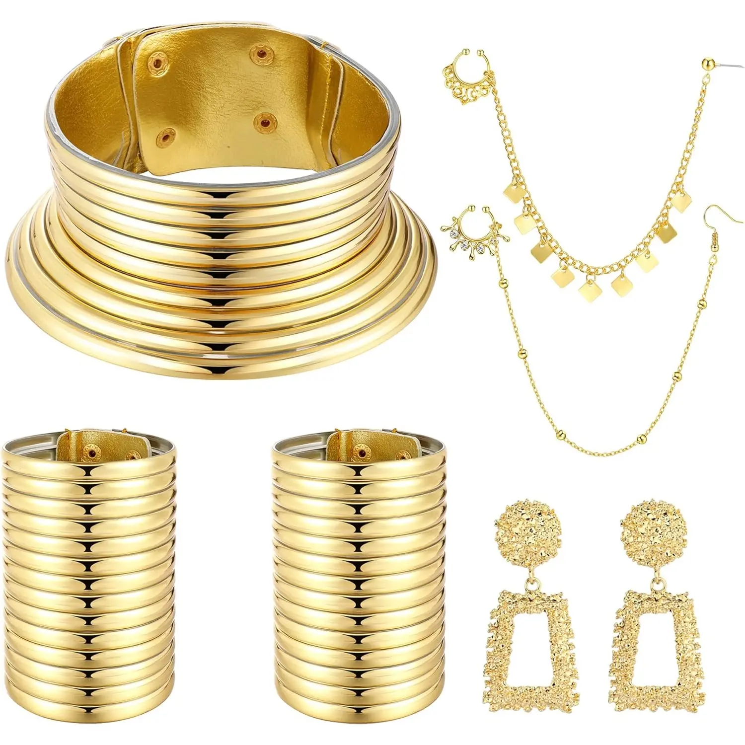 YADOCA Women's 6Pcs African National Matching Jewelry Set - Egypt Gold Choker Collar, Vintage Statement Necklace, Wide Leather Bracelets for Women, Nose Ring, Hoop Chain Earrings, Maximalist Jewelry, Glamorous, Unisex, Bling Effect, Ethnic, Lightweight We