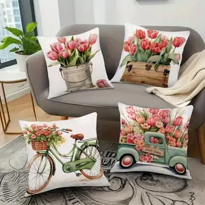 4-Piece Bicycle Floral Pattern Pillow Covers, Single-Sided Print Decorative Pillows, 45x45cm, Hidden Zipper, Indoor & Outdoor Use