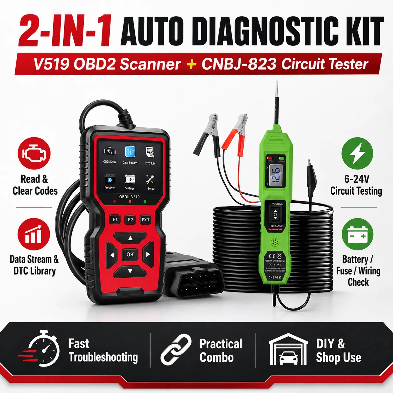 2-in-1 automotive diagnostic tool kit, V519 OBD2 scanner and CNBJ-823 6–24V circuit tester, check engine code reader for car battery fuse and wiring