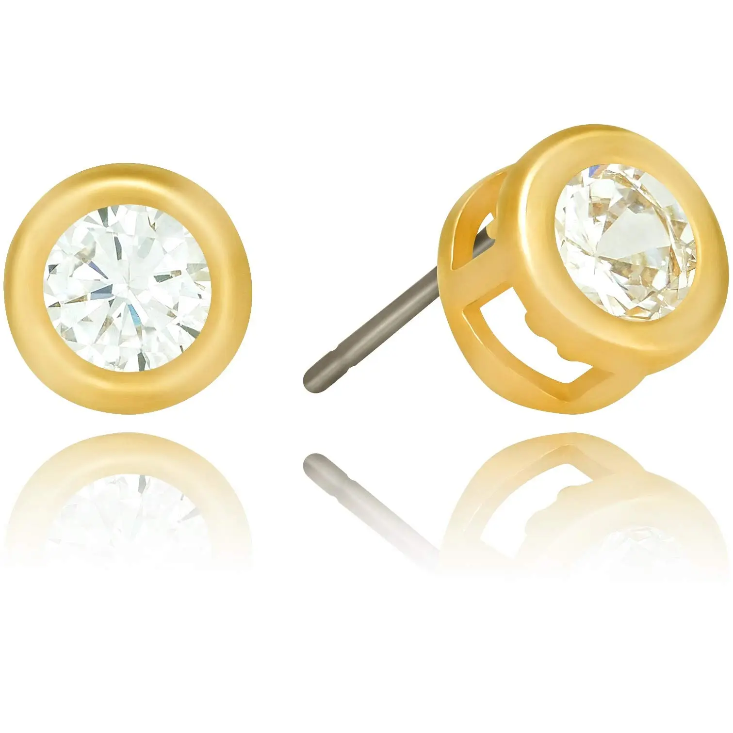 LIFETIME JEWELRY Cubic Zirconia Gold Framed Button Stud Earrings 24k Gold Plated