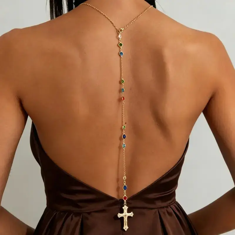 Women Gold Cross Pendant Long Back Chain With Colorful Crystal Beads, Backless Outfit Body Necklace For Sports Outdoor Wear