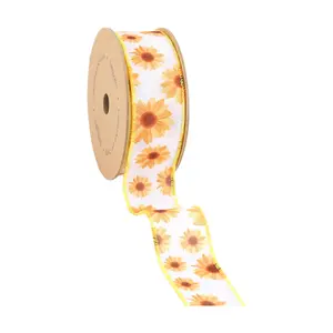 1 1/2" Wired Ribbon | White w/ Yellow Sunflowers | 10 Yard Roll Spring decor Easter Day decor outdoor decor wrapping gifts