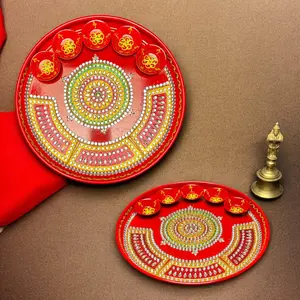 Elegant Rhinestone Red Pooja Thali with Diyas | Sacred Aarti Plate for Diwali, Teej, Weddings, Engagements | Rituals and Gifting Delight