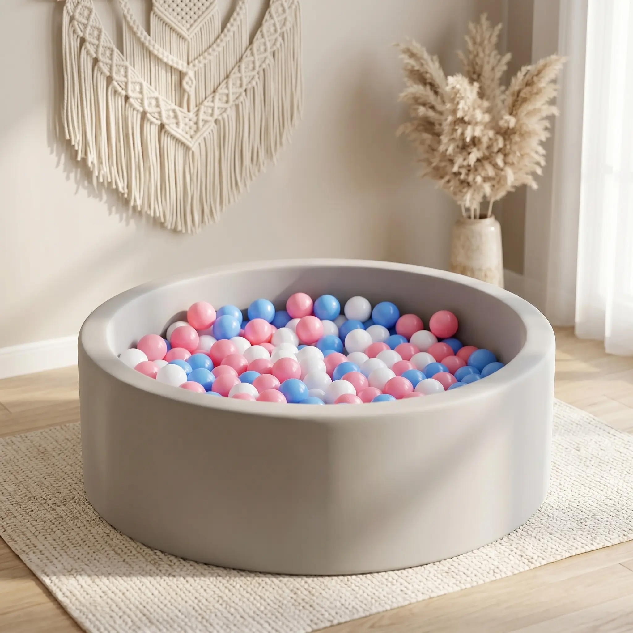 Apojungle Soft Grey Kids' Ball Pit with 100 Pink, White, and Blue Balls - Ideal for Toddlers, Indoor Fun, and Sensory Play Pastel Area, Toddler