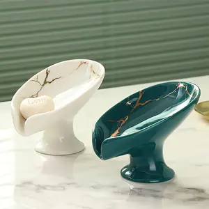 1pc ceramic self-draining soap rack Marble exterior Leaf-shaped soap dish Bathroom easy to clean keep soap dry Christmas, Christmas gifts