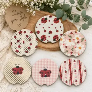 Ladybug Car Coasters Set, Cute Floral Car Accessories, Pink Coquette Car Decor, Polka Dot Absorbent Ceramic Cup Holder Coasters, Girly Auto Gift