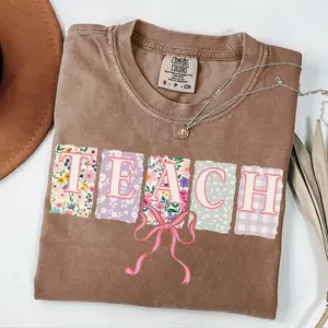 Comfort Colors Teach Shirt, Floral Teacher Tshirt, Coquette Bow Teacher T-Shirt, Springtime Teacher Tee, Easter Teacher Gift, Appreciation - TrendWear USA