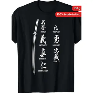 100% Made in USA, 180g Vintage Japanese Letter Samurai Katana Sword Warrior T-Shirt