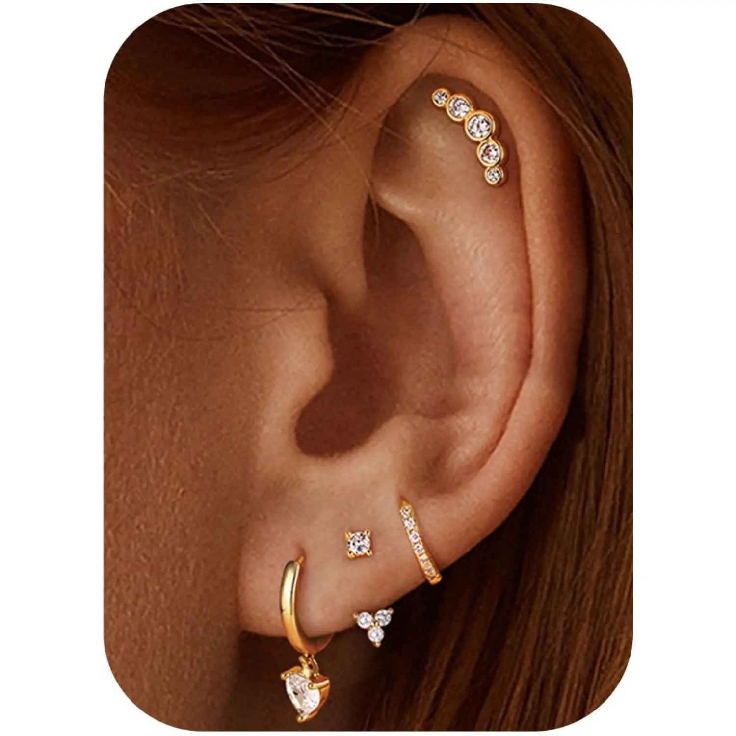 Milacolato Women's 4-Pair Earring Set - 14 Karat Gold Plated Dainty Earring Stack, Jewelry Stack with Studs, Huggie Hoops, Dangles, Hypoallergenic for Daily Wear, Mother's Day Gifts, Gold Aesthetic
