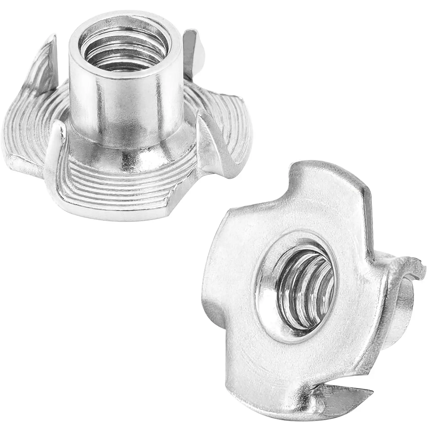 25 x T-Nut 1/4"-20 304 Stainless Steel Anti-Loosening Threaded Inserts, 4-Pronged Secure Seating Design, 5/16" Barrel Length, Chemical & Corrosion Resistance, for Wood, Rock Climbing Holds, Leather Bags, Fixed Cabinets, 1/4"-20 4-Pronged T-Nut