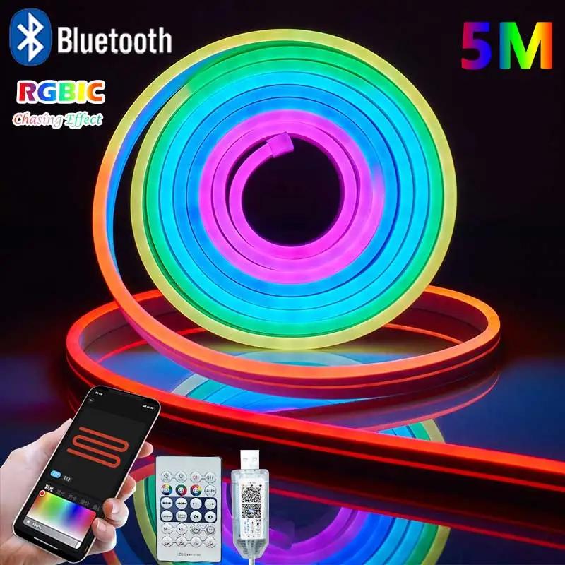 RGBIC Bluetooth Neon LED Strip Lights 5V 5M Waterproof Flex Ribbon Tape for Room Wall Decor with Easy Bluetooth Control and Flexible Design