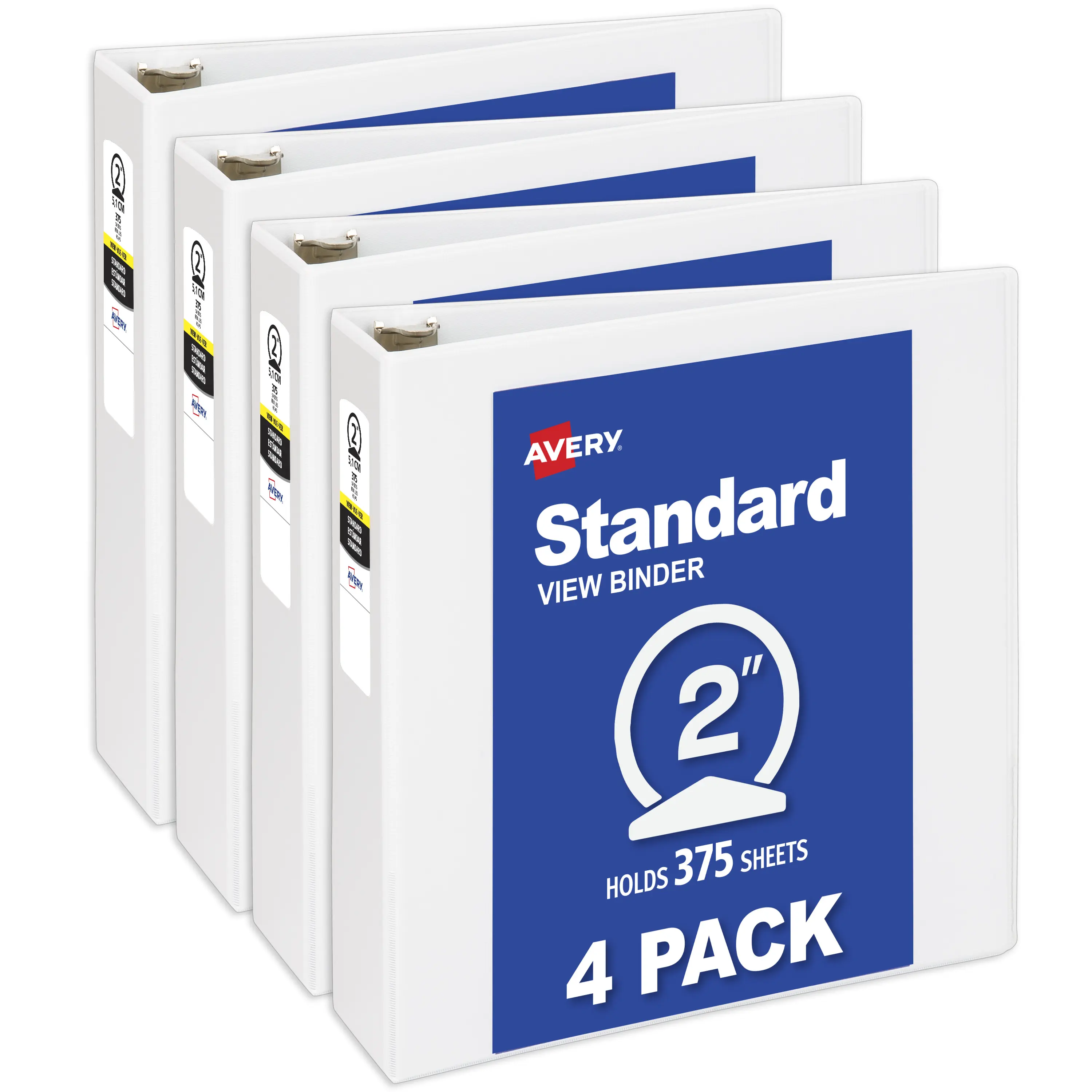 Avery® Standard View 3-Ring Document Binders (4-Pack, 19202) - 2" Round Rings, 375-Sheet Storage, 2.8" Wide Spine, White, Nonstick, PVC-Free, Ink Transfer Prevention, Front/Back Quick Customization, Lightweight Occasional-Use Organizer, Document Binder, 3