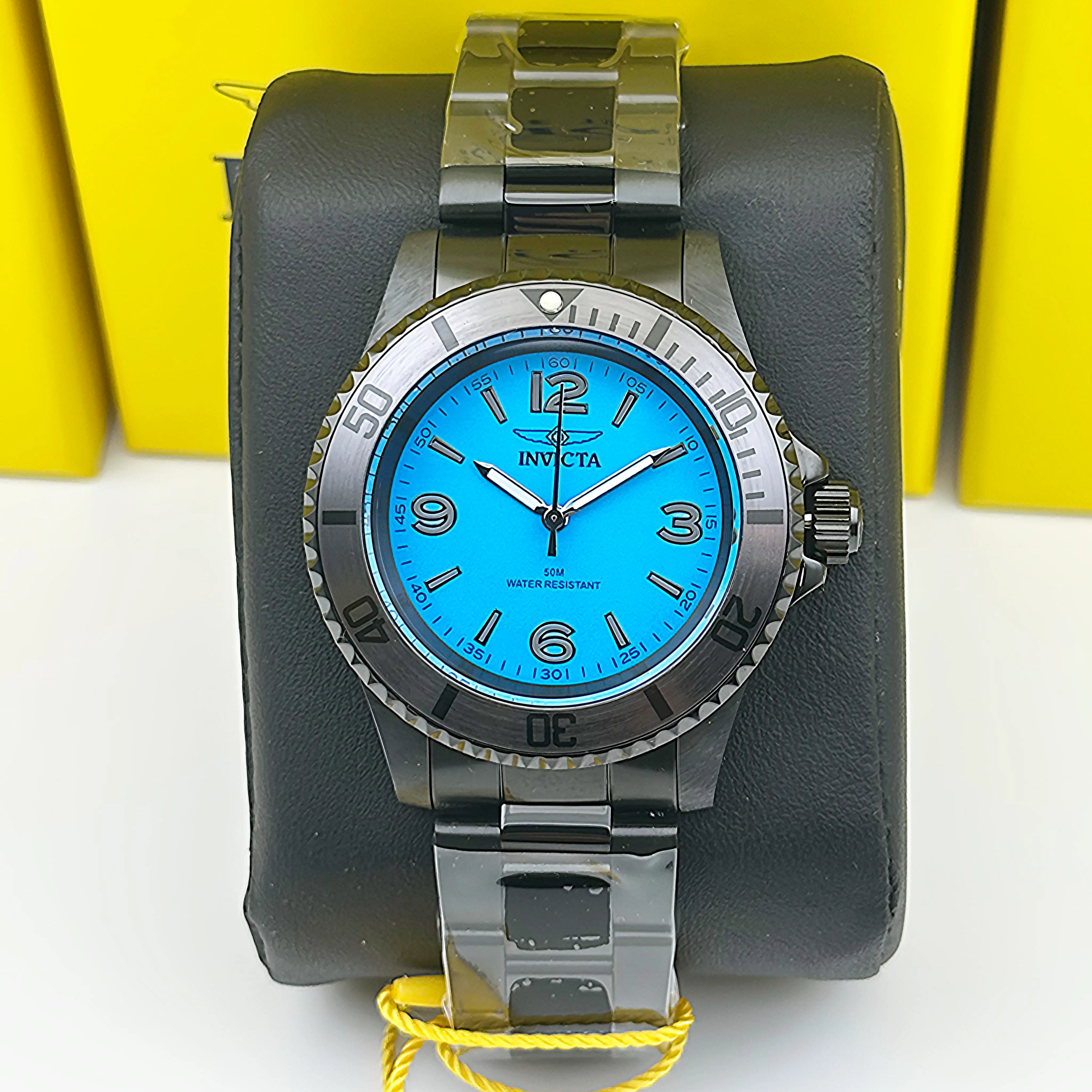 Invicta Men's Watch Black with Turquoise Blue Dial — All-Black Stainless Steel Case & Bracelet, Bold Tropical Sport Watch — Authentic, New in Box, All-Black Quartz Watches, Glow-In-The-Dark Quartz Watches