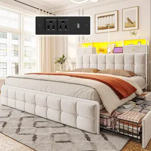 Raybee Furniture Luxury King Bed Frame with 4 Storage Drawers & Upholstered Flatfrom Bed Frame with Velvet Headboard,  Queen Size LED Bed Frame with Built in Charging Station, Easy Assembly, Full, Grey, Beige