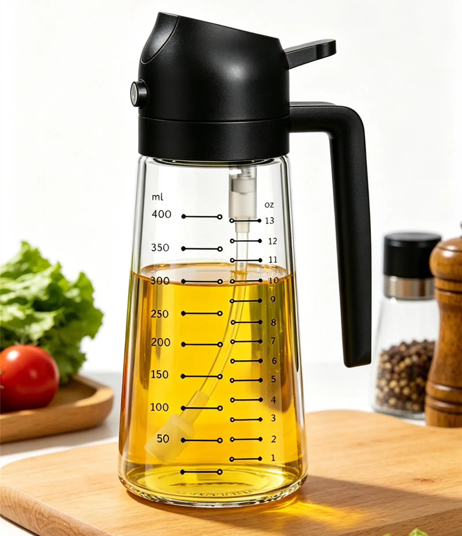 2-in-1 Glass Oil Dispenser and Sprayer, 470ml Olive Oil Bottle with Precise 50-400ml Scale, Leak-Proof Auto Nozzle for Cooking, Baking and Frying, Kitchen Utensils