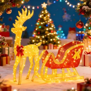 Lighted Christmas Reindeer and Sleigh Outdoor Decor, 205 LED 3D Yard Set, Weather Resistant Holiday Decoration for Lawn Garden Patio plastic holiday