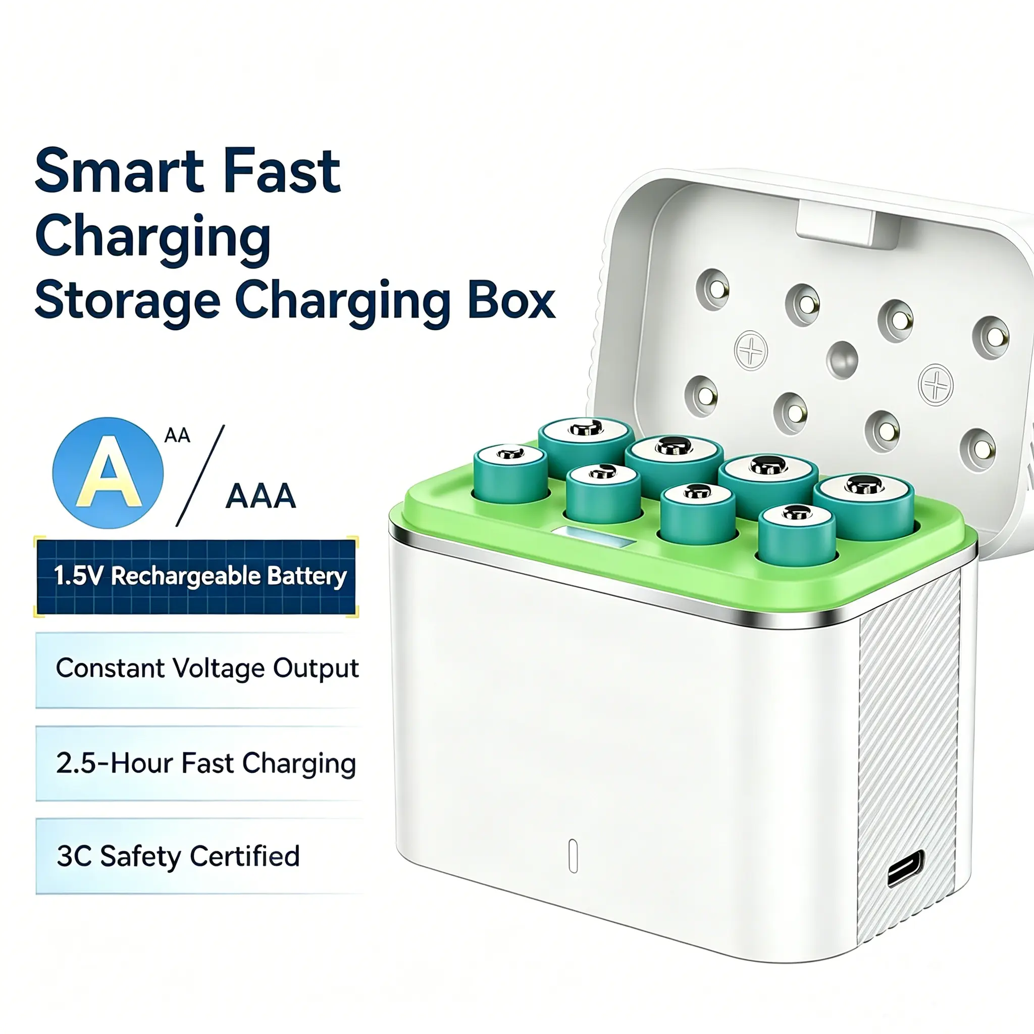 AA AAA Battery Charger Box, Rechargeable Battery Charging Case with Type-C Fast Charging, Portable Battery Storage Organizer for Rechargeable Lithium Batteries