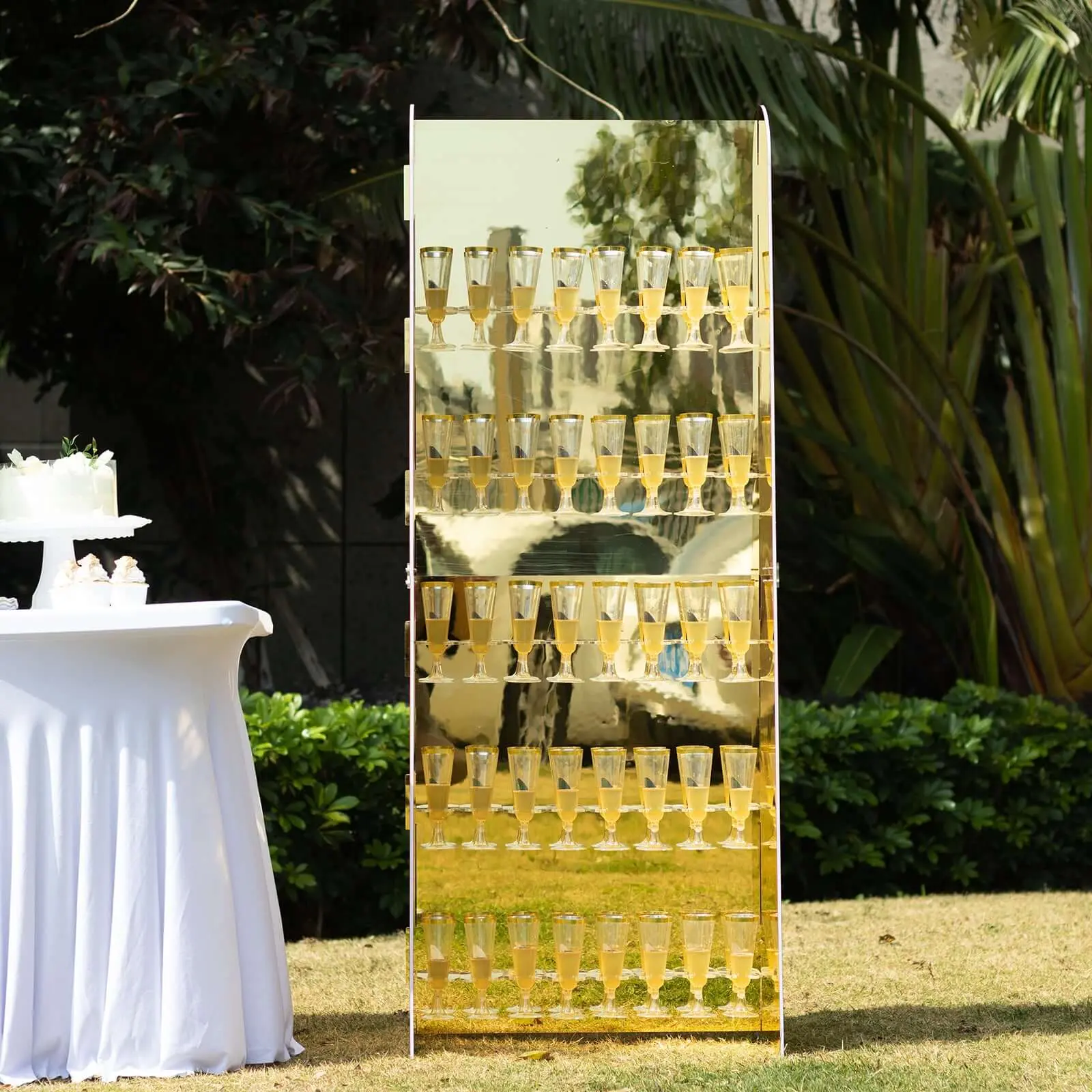 Gold 5-Layer Mirror Finish Champagne Wall Glass Holder - 5ft 40-Stemware Bar Wine Rack Display Stand, Flat Pack Cocktail Organizer for Upscale Weddings, Birthday Parties, Baby Showers, Dinner Parties, Birthday Party