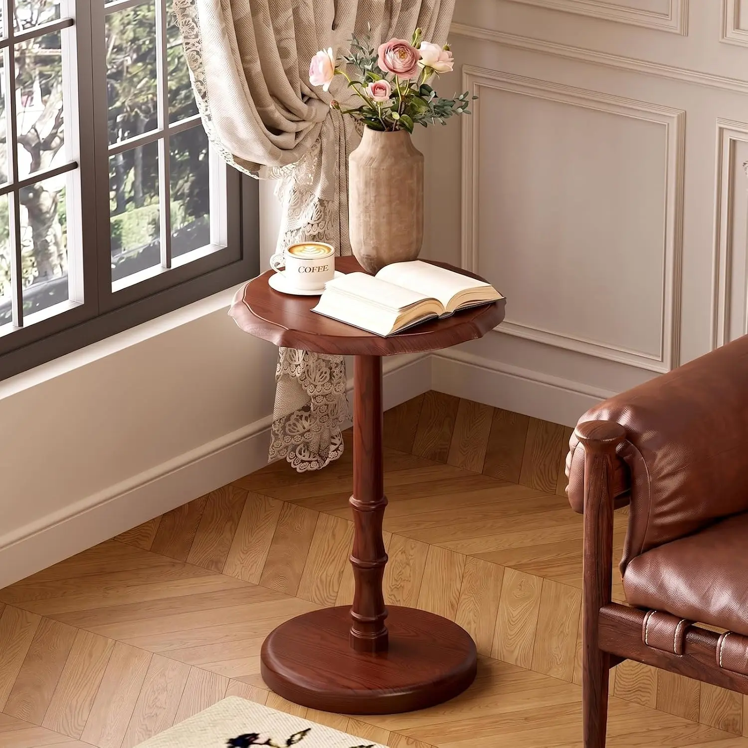 Vintage Pedestal Side Table, 100% Solid Wood Round End Table, Walnut | Small Accent Drink Tables, Portable Nightstand, for Couch, Living Room, Bedroom, Mid-Century Modern, 5-Min Tool-Free Assembly
