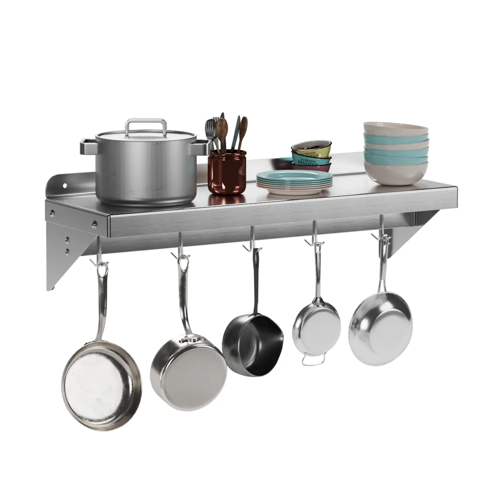 Stainless Steel Shelf,Multifunctional Metal Wall Mounted Shelf,Stainless Steel Shelf with 2 Stainless Steel Backsplashs and 5-7 Hooks