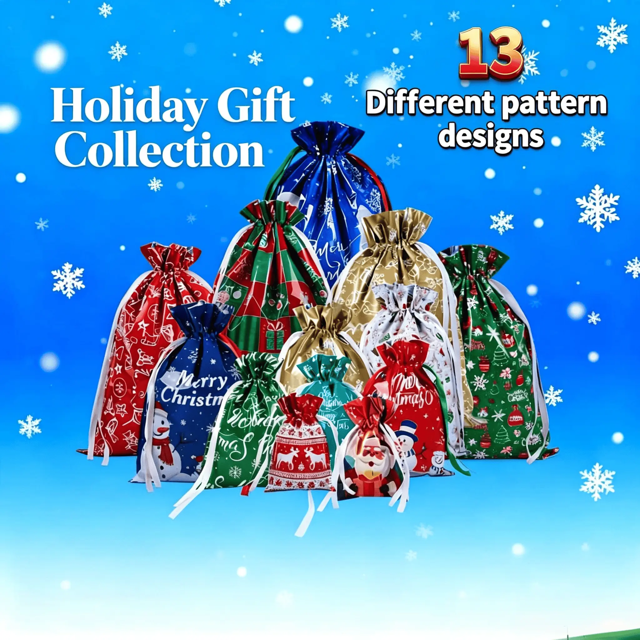 Reusable Christmas Drawstring Gift Bags with Tags Set (52 Pcs: 26 Bags + 26 Labels) - 13 Designs, Multi-Size (Extra-Large,Large,Medium,Small), Festival Party Supplies, Housewarming Holiday Gift Wrapping Candy Bag Gift Blind Bag