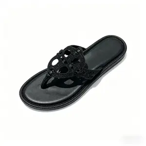 Women's Lightweight Summer Thong Sandals - Black Crochet Hollow-Out Design with Cushioned Footbed - Non-Slip Casual Slides for Beach, Pool, and Daily Wear