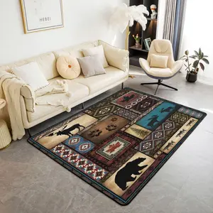 Feelyou Rustic Cabin Lodge Area Rug - Non-Slip Indoor Carpet with Hunting Deer Design, Southwestern Aztec Farmhouse Style for Bedroom, Living Room Decor