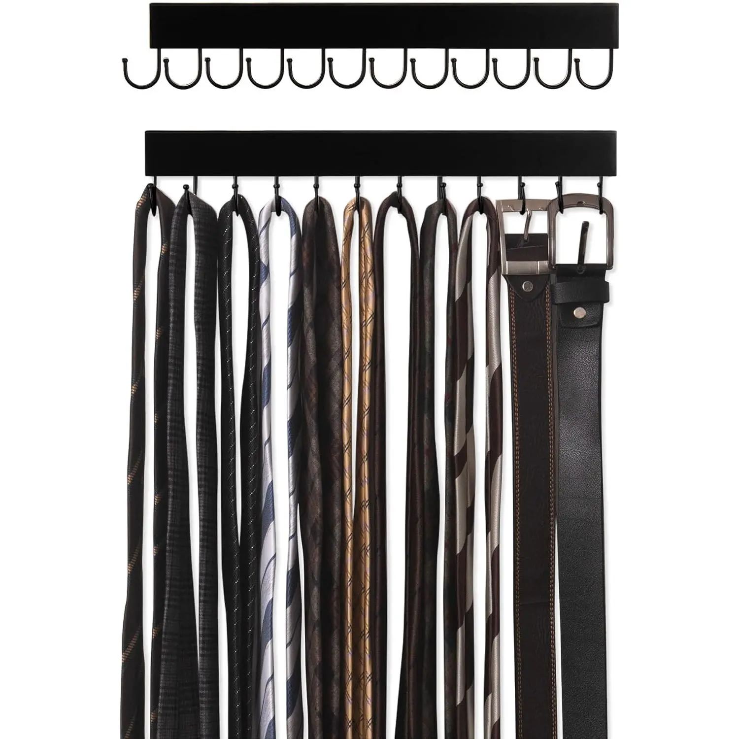 Durable Wooden Tie Organiser, 2-Pack Wall-Mounted Hangers with 12 Hooks for Neckties, Belts, Hats, Black Room Home Organizer