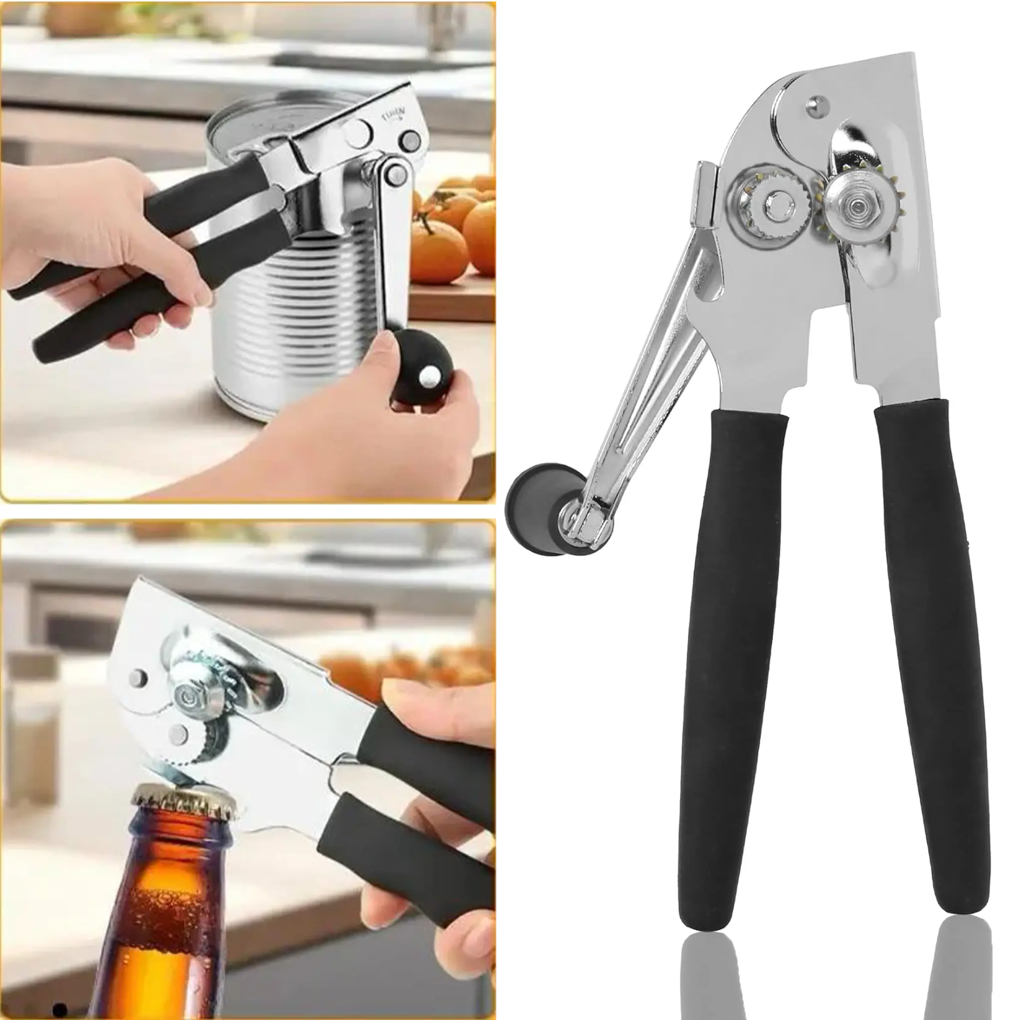 Commercial Grade Stainless Steel Heavy-Duty Manual Can Opener with Sharp Blade, Ergonomic Soft Handle, Magnetic Lid-Retrieval Tip & Multifunctional Beer Opener for Home Cooks, Older Adults, Kitchen Use