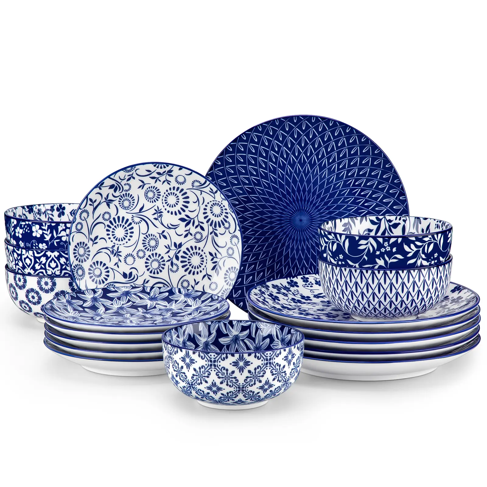 vancasso Selene Series Crockery Set for 4 People, 12/16-Piece High-Quality Ceramic Crockery Set, Dinner Service Made of Porcelain, Blue/White Crockery Sets with Dinner Plates, Dessert Plates and Bowls