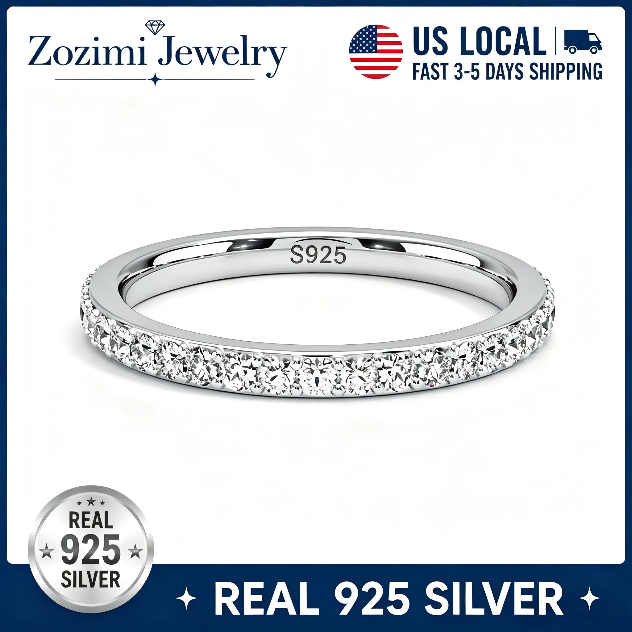 S925 Sterling Silver Full Eternity Band Ring Fully Paved Round Cubic Zirconia Thin Stackable Wedding Band Dainty Promise Engagement Minimalist Jewelry For Women