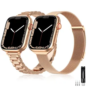 2 Pack Slim Stainless Steel Band & Milanese Mesh Strap Compatible with Apple Watch Band 38mm 40mm 41mm 42mm(s10), Thin Metal Replacement Bands for iWatch Series SE 10 9 8 7 6 5 4 3 2 1