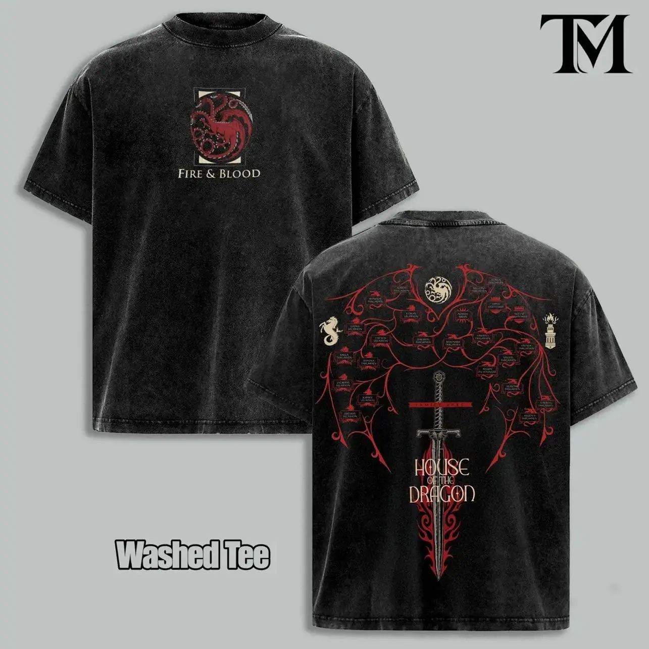 House Of The Dragon Family Tree Vintage Washed Graphic Tee, Oversized Targaryen Streetwear Shirt, Heavyweight Cotton T-Shirt, Fire And Blood Fantasy Apparel, Retro TV Series Fan Gift, Game of Thrones Premium Unisex Top 15A
