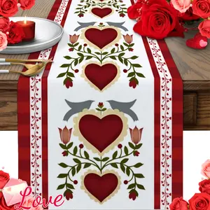 Valentine's Day Vintage Heart Flower Red Striped Table Runner for Kitchen Dining Coffee Table Decor Farmhouse Party Holiday Dinner