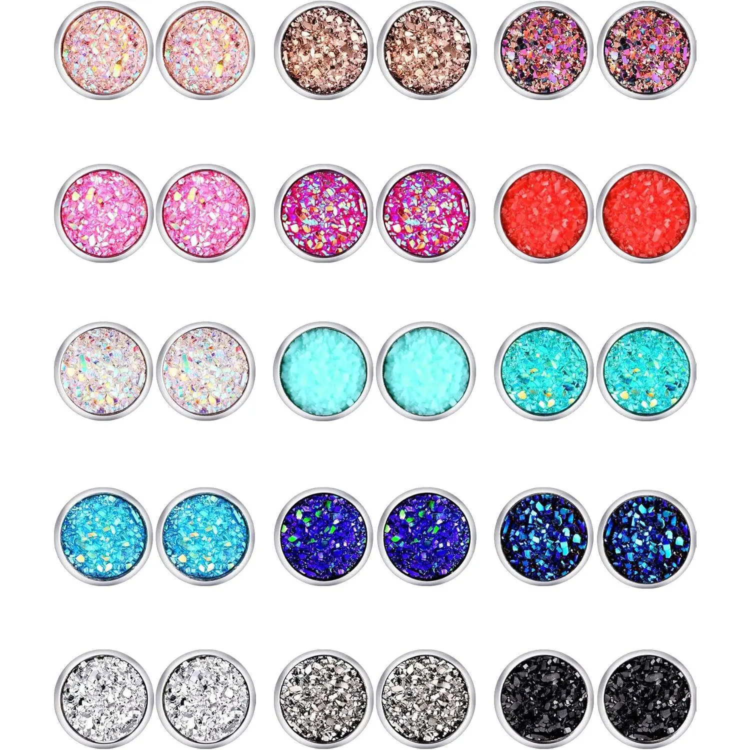 15 Pairs Druzy Stud Bulk Earrings Set Stainless Steel Round post Earrings Bohemian Pierced Earrings Jewelry for Women