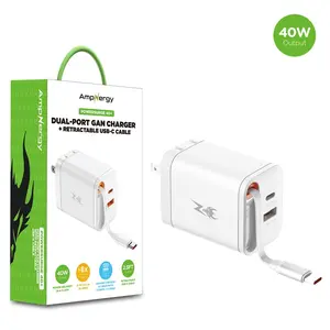 AmpNergy PowerSurge 40W Dual-Port GaN Charger with Retractable USB-C Cable White 40W Output 2.0FT Cable