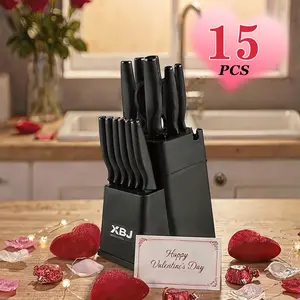 【Mother Gifts】15 Pieces Kitchen Knife Set,Sharp Includes Serrated Steak Knife Set withCombination Chef's Knife, Knife Sharpener Stick, Acrylic StorageHolder,Professional Black Kitchen Knife Set,NonSlip Handle  Block Meat Plastic Washable
