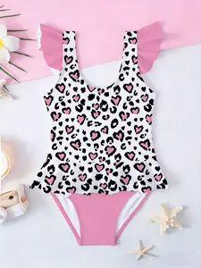 Girls' One-Piece Swimsuit, Base Leopard Print, Flutter Sleeve Colorblock Design, Sweet Cute Ruffle, Pool Beach Vacation Style, Ruffle Detail