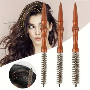 3 Piece Round Brush Set, Wooden Handle, Soft Natural Bristles, for Fine Hair, Curling, Shine Recovery, 16mm, 18mm, 20mm