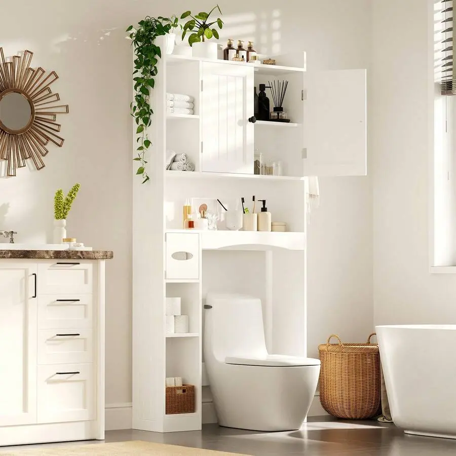 Lofka Over The Toilet Storage Cabinet ,Freestanding Bathroom Storage Organizer Cabinet With Cabinet & Adjustable Shelves, Toilet Paper Holder, Anti-Tip Design, White