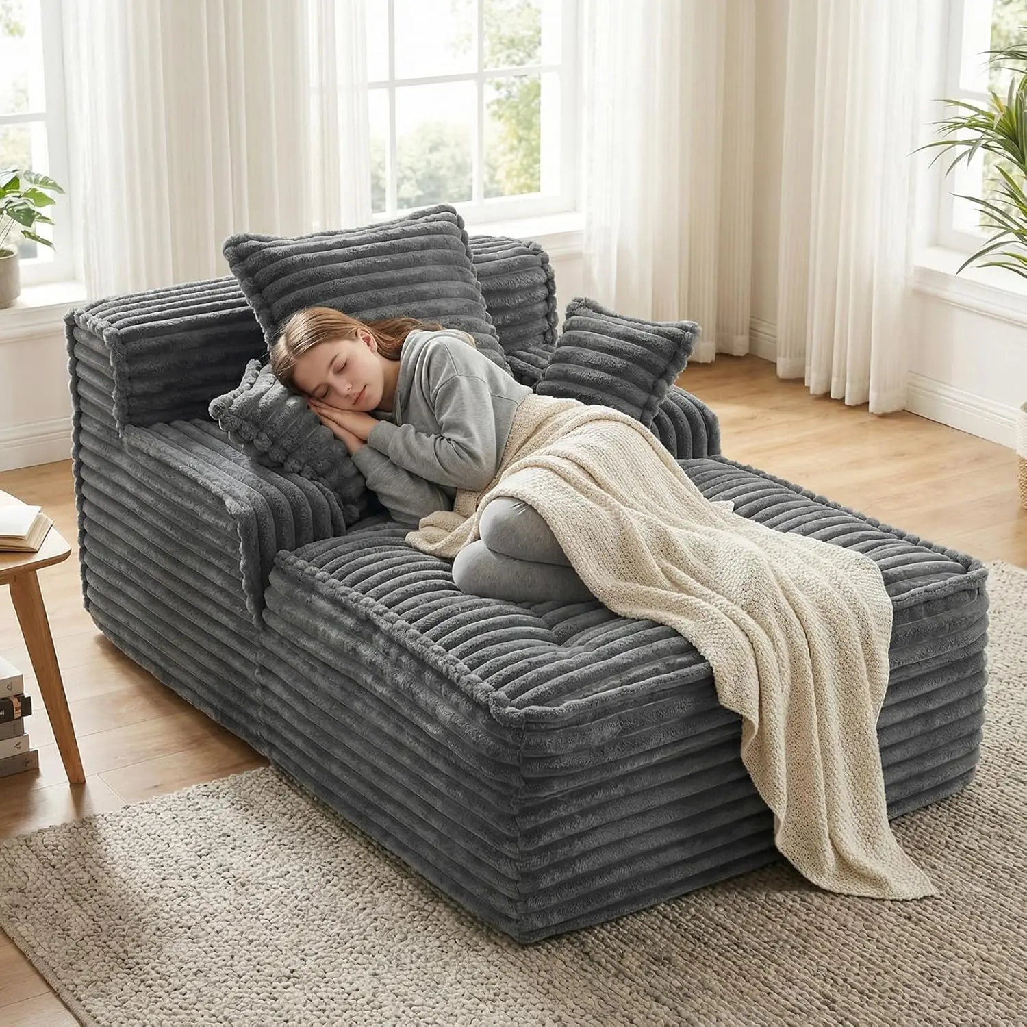 Corduroy Convertible Sleeper Sofa, 57-Inch Fluffy Frameless Loveseat with Wide Armrests and 3 Pillows for Living Room, Corduroy Sofas, Boneless Couches, Cushion Sofa Bed, Compression, With Cushion